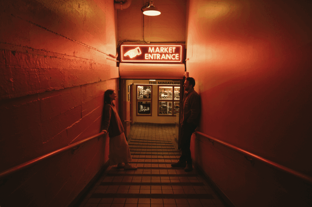 Man and woman facing each other against opposite walls bathed in red light from a "Market Entrance" neon sign